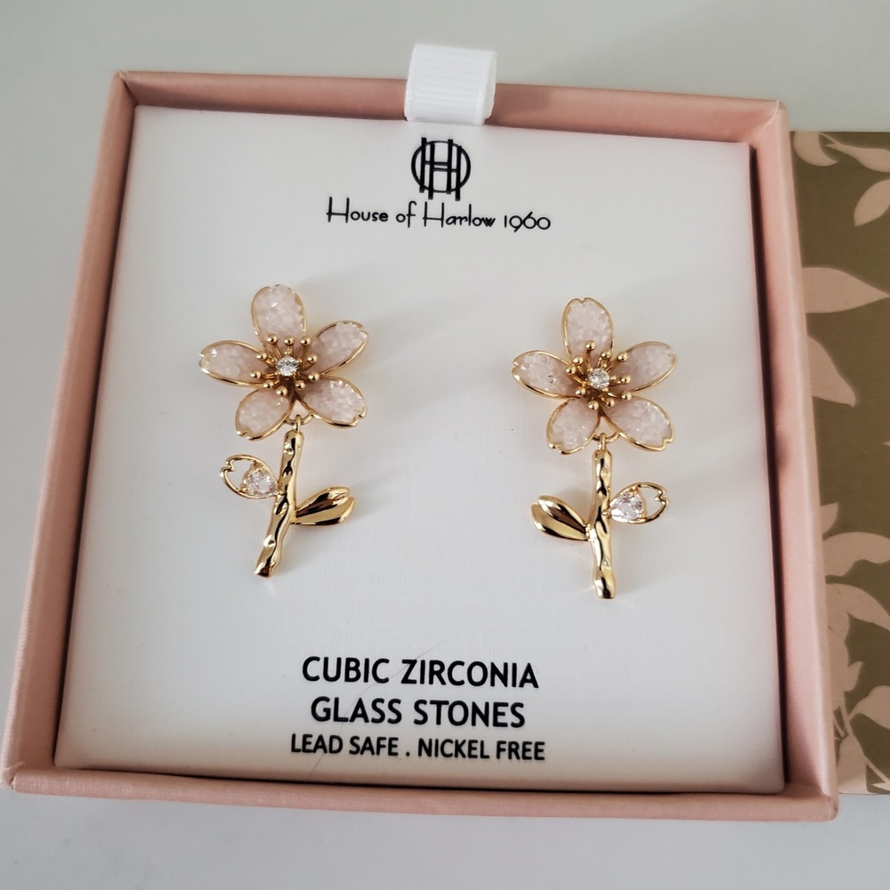 House of Harlow 1960 Gold Flower Drop Earrings Cubic Zirconia Glass Stone NIB